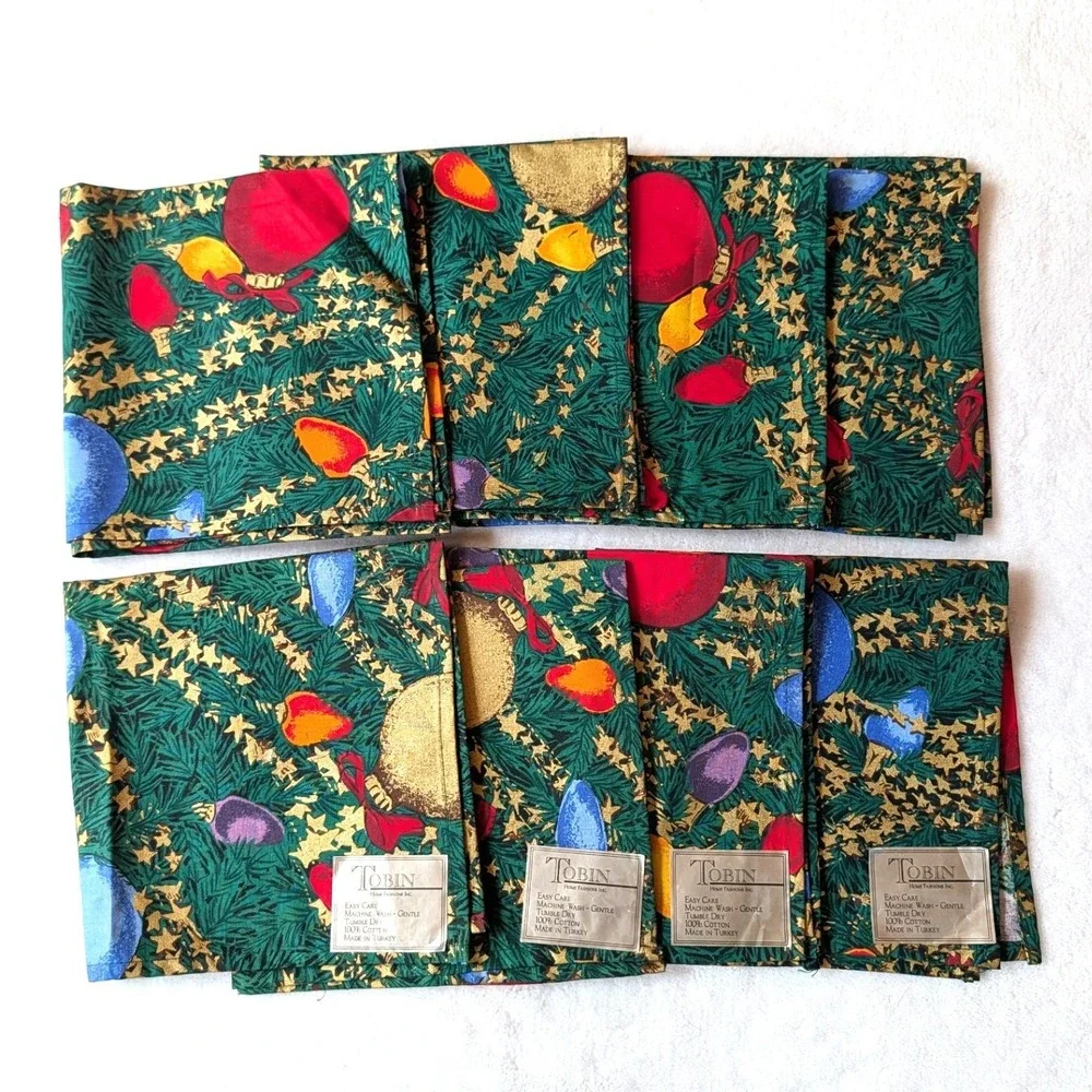 Vintage Tobin Christmas Cotton Napkins Set of 8 Ornament Light Bulb Print 16x16